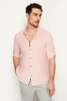 Trendyol Light Pink Slim Fit Button-down Collar with Epaulets 100% Cotton Linen Look Shirt