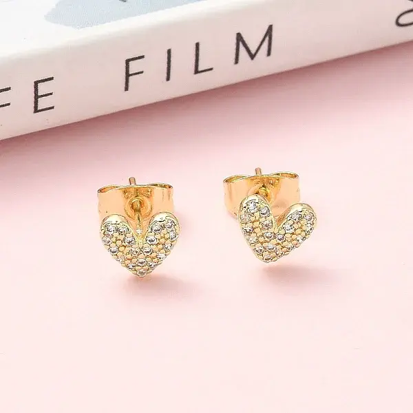Heart Brass Micro Pave Clear Cubic Zirconia Stud Earrings