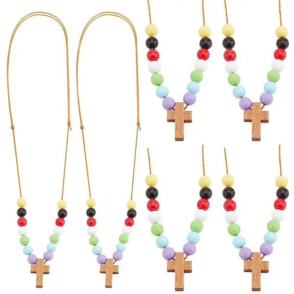 Wood Cross with Acrylic Beaded Pendant Necklaces for Women
