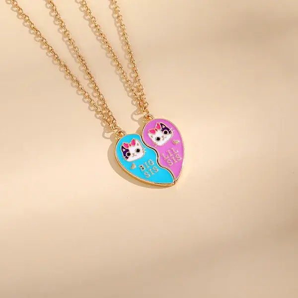 Cute Alloy Enamel BFF Cat Heart Pendant Necklaces for Women