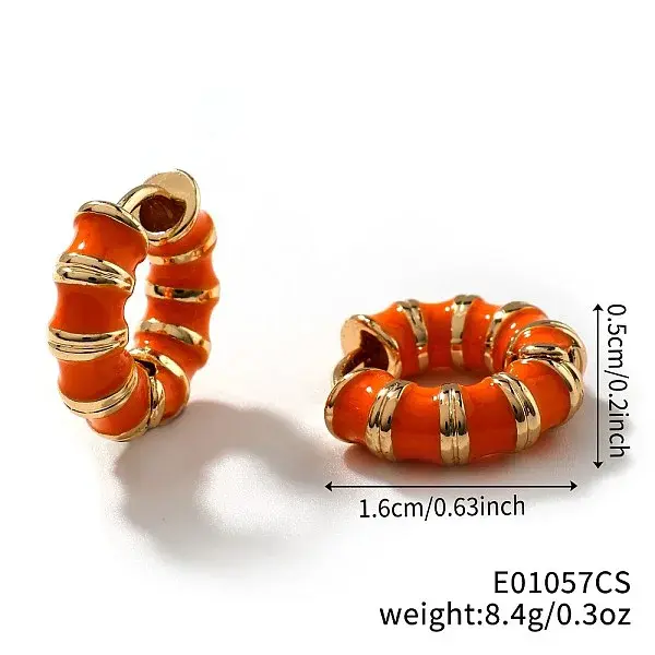 Brass Striped Enamel Bamboo Hoop Earrings