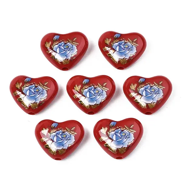 Flower Printed Opaque Acrylic Heart Beads