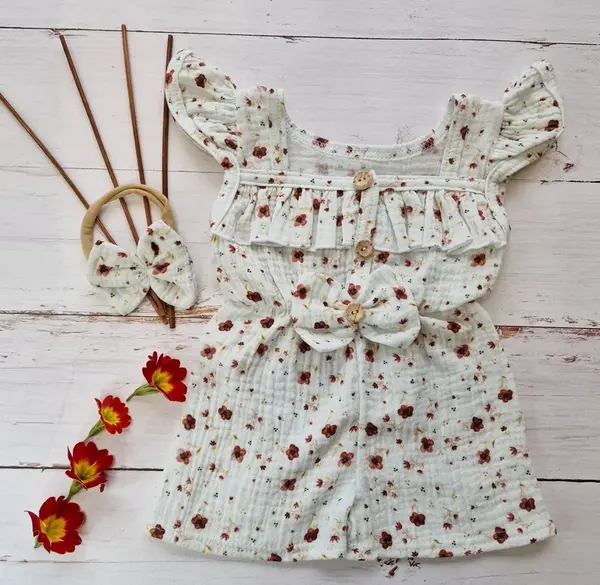 Body s nohavičkami kr. rukáv + čelenka, mušelín, 2D sada, biela, veľ. 80