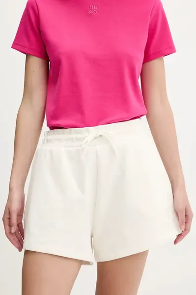 Bavlněné šortky Hugo Blue dámské, bílá barva, hladké, high waist, 50537101