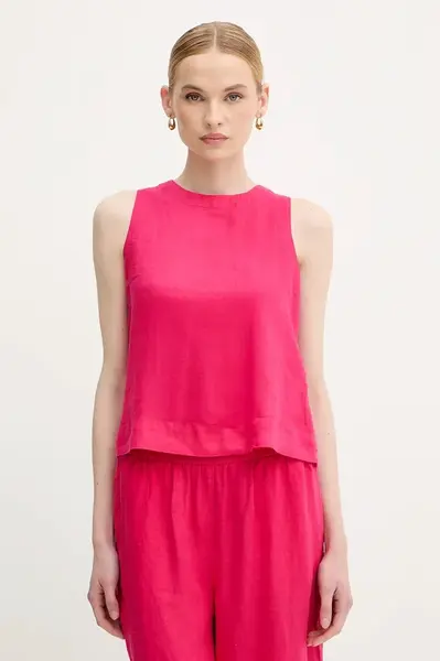 Lněná halenka United Colors of Benetton dámská, růžová barva, hladká, 5BMLDQ0BU