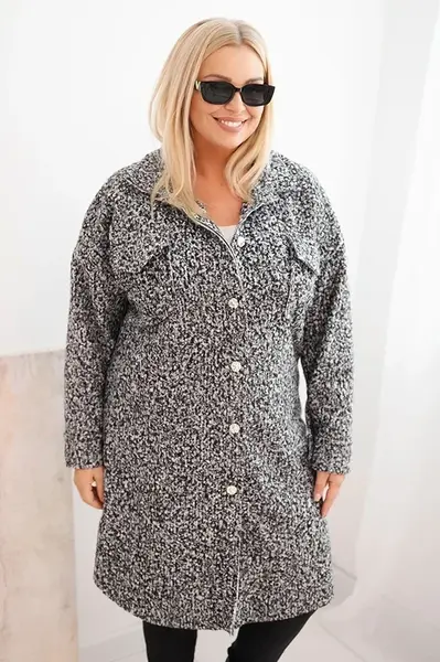 Kesi Włoski Dámský kabát Plus Size s vlnou zapínaný na knoflíky s kapsami a límcem grafitový melír