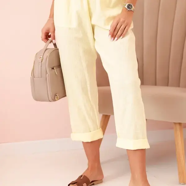 Kesi Włoski Dámské lněné kalhoty s bavlnou a páskem - žluté