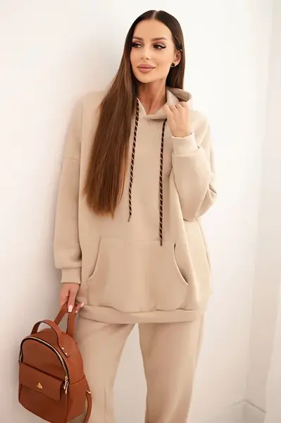 Kesi Włoski Dámsky teplákový komplet z bavlny s kapucňou béžový