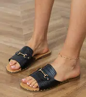 marka niezdefiniowana Black flat sandals with a wide strap and a gold decoration Malisa