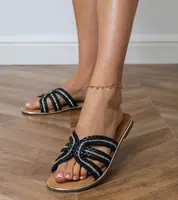 Gemre Black flat sandals with woven straps and rhinestones Belira