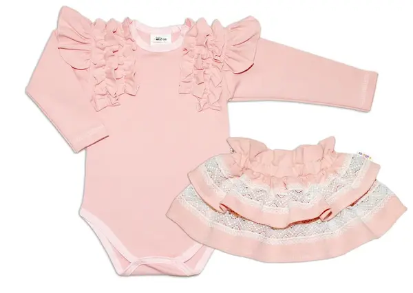 BABY NELLYS 2-dielna sada, body dl.rukáv +suknička s krajkou a volánikmi, veľ. 98, pudrová