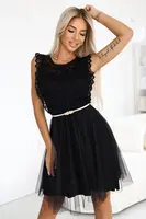 454-5 GRETA lace dress with tulle skirt and gold belt - black