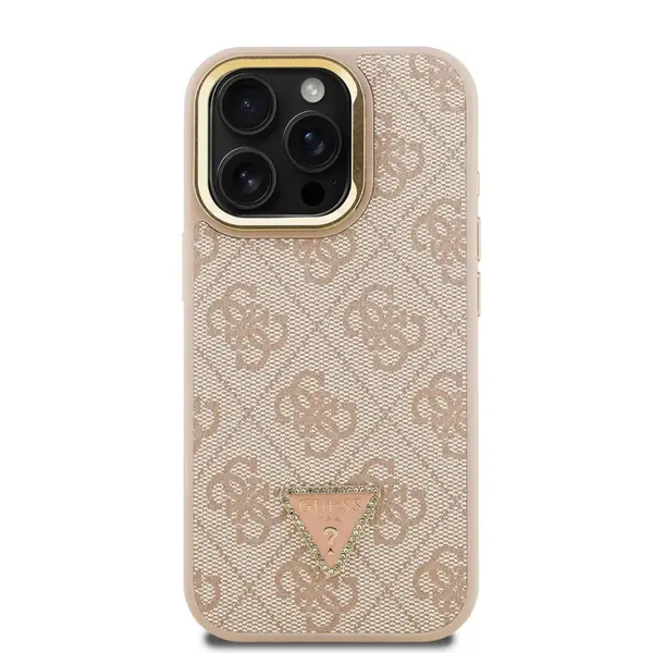 Zadní kryt Guess PU 4G Strass Triangle Logo Stand Camera Frame MagSafe Zadní pro Apple iPhone 15 Pro Max, růžová