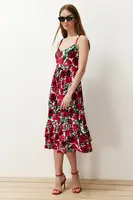 Trendyol Red Floral Strap Skater/Ribbed Flexible Knitted Midi Dress