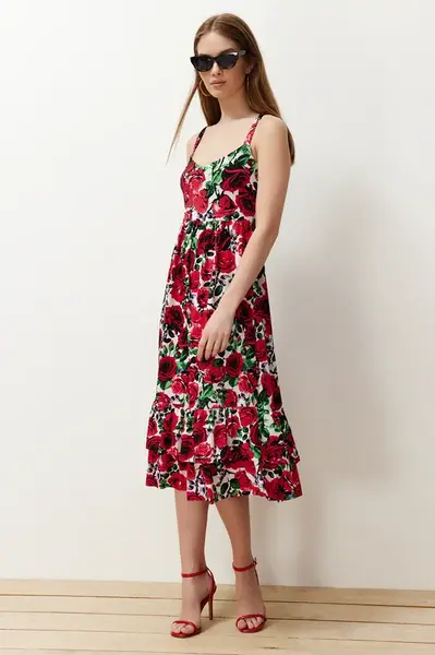 Trendyol Red Floral Strap Skater/Ribbed Flexible Knitted Midi Dress