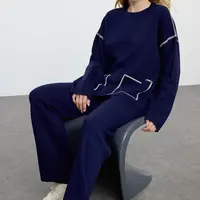 Trendyol Navy Blue Piping Detailed Knitwear Top-Bottom Set