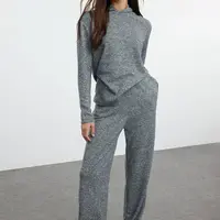 Trendyol Anthracite Hooded Soft Stretchy Knitted Blouse and Trousers Top and Bottom Set