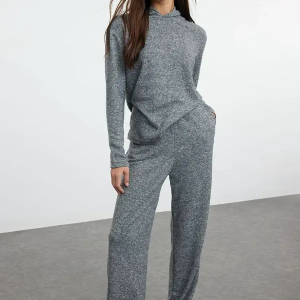 Trendyol Anthracite Hooded Soft Stretchy Knitted Blouse and Trousers Top and Bottom Set