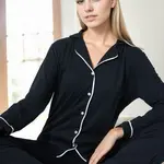 39374 Dewberry Cotton Buttoned Women Pyjama Set-BLACK-WHITE