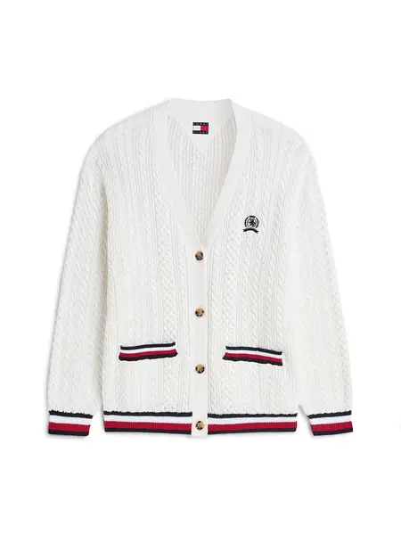 Tommy Jeans Kardigán 'Global Stripe Oversized Cable'  červená / čierna / biela