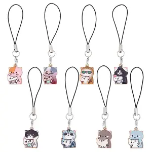 16Pcs 8 Styles Cat Shape Alloy Enamel Mobile Straps