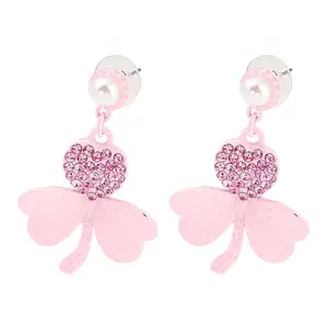 Saint Patrick's Day Zinc Alloy Clover Dangle Stud Earrings with Rhinestones