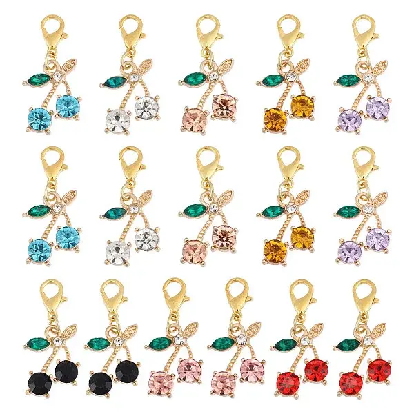 16Pcs 8 Colors Cherry Alloy Rhinestone Pendants Decorations