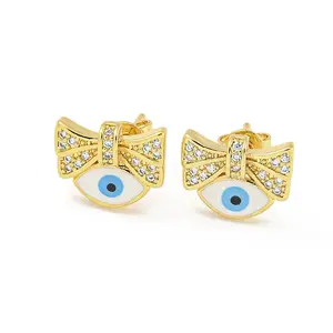 Bowknot with Evil Eye Real 18K Gold Plated Brass Stud Earrings