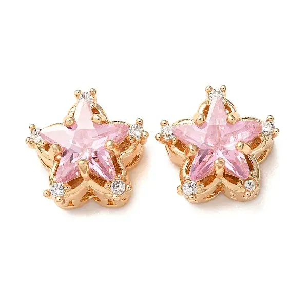 Brass Micro Pave Pink Cubic Zirconia Beads