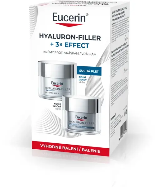 Eucerin HYALURON-FILLER + 3x EFFECT Denný krém pre suchú pleť SPF 15, 50 ml + Vyplňujúci nočný krém, 50 ml
