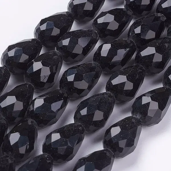 Black Faceted Glass Teardrop Beads Strands