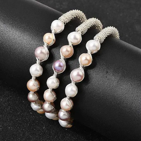 Brass Wire Wrapped Natural  Pearl Cuff Bangles for Women
