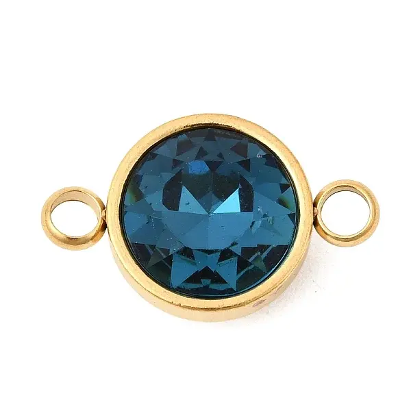 304 Stainless Steel with Faceted K9 Glass Birth Stone Flat Round Links Connector Charms