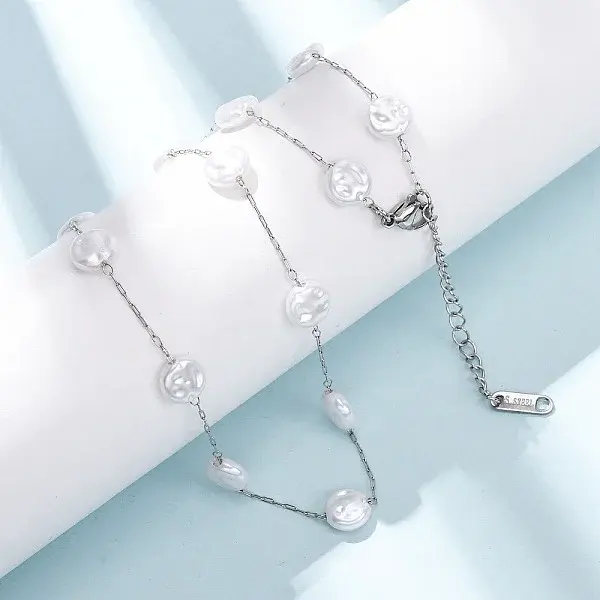 304 Stainless Steel with ABS Plastic Pearl Flat Round Bead Cable Chain Necklaces for Women