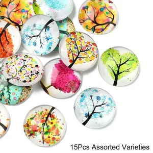 15Pcs Tree of Life Printed with Half Round Glass Cabochons