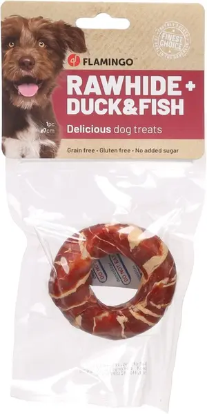 Flamingo R'Hide krúžky, maškrty pre psov - kačica, treska 45 g - ∅ 7 cm