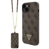 Zadní kryt Guess PU 4G Strass Triangle Metal Logo + Crossbody popruh pro Apple iPhone 15 Plus, hnědá
