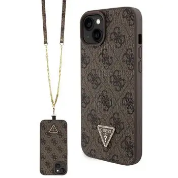 Zadní kryt Guess PU 4G Strass Triangle Metal Logo + Crossbody popruh pro Apple iPhone 15 Plus, hnědá