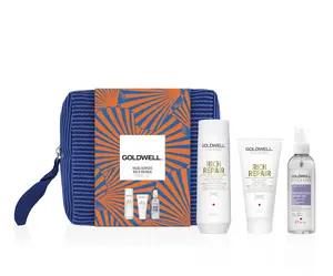 Cestovní sada pro suché vlasy Goldwell Dualsenses Rich Repair Travel Set + kosmetická taštička zdarma + dárek zdarma