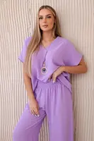 Kesi Włoski Komplet s náhrdelníkem halenka + kalhoty světlá khaki