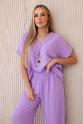 Kesi Włoski Komplet s náhrdelníkem halenka + kalhoty světlá khaki