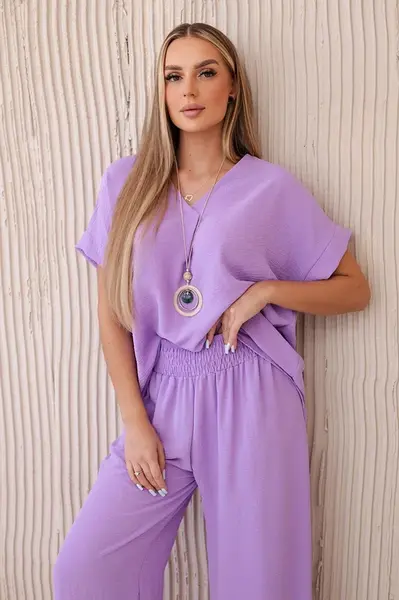 Kesi Włoski Komplet s náhrdelníkem halenka + kalhoty světlá khaki