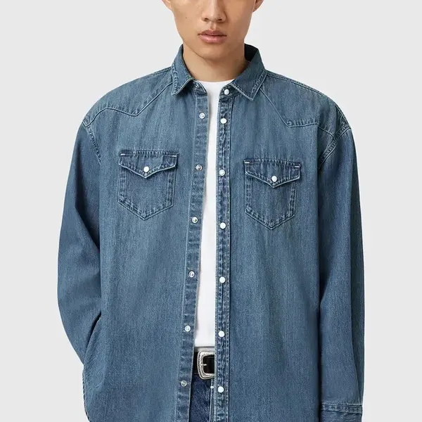 Džínová košile AllSaints FENTON pánská, modrá barva, relaxed, s klasickým límcem, M054SD