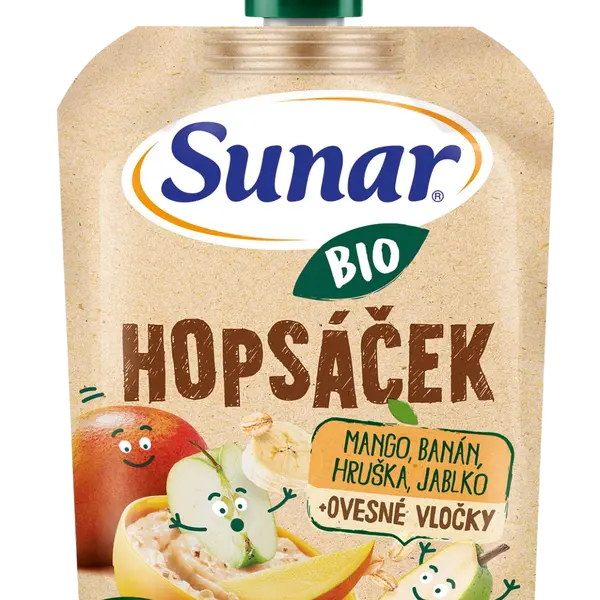 SUNAR BIO ovocná kapsička Hopsáček mango, banán, hruška a ovesné vločky 100 g