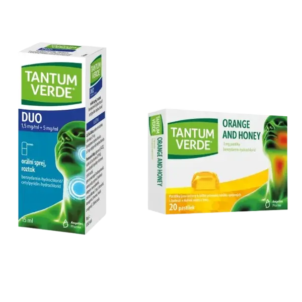 TANTUM VERDE DUO 1,5 mg/ml + 5 mg/ml orální sprej, roztok 15 ml a Tantum Verde Orange and Honey 3 mg 20 pastilek