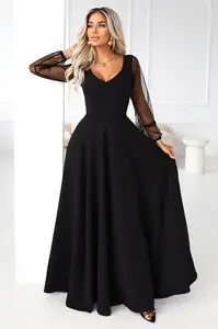 Elegantné čierne maxi šaty s tylovými rukávmi