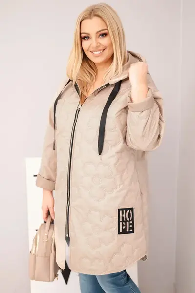 Kesi Włoski Dámská bunda Plus Size prošívaná s kapucí a nápisem HOPE tmavě béžová