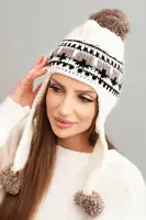 Dámská zimní čepice s ušima a bambulkami K436 ecru