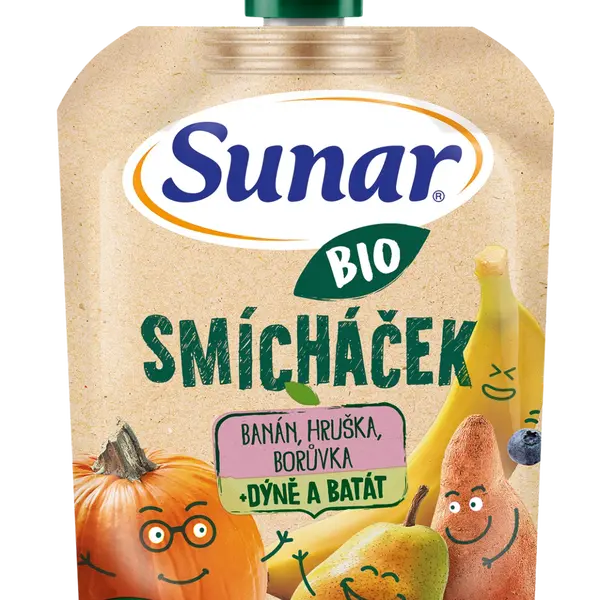 SUNAR BIO ovocná kapsička Smícháček banán, hruška, dýně, batáty a borůvky 100 g