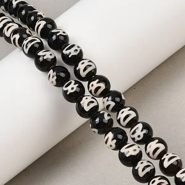 Natural Tibetan God of Wealth Pattern dZi Agate Beads Strands